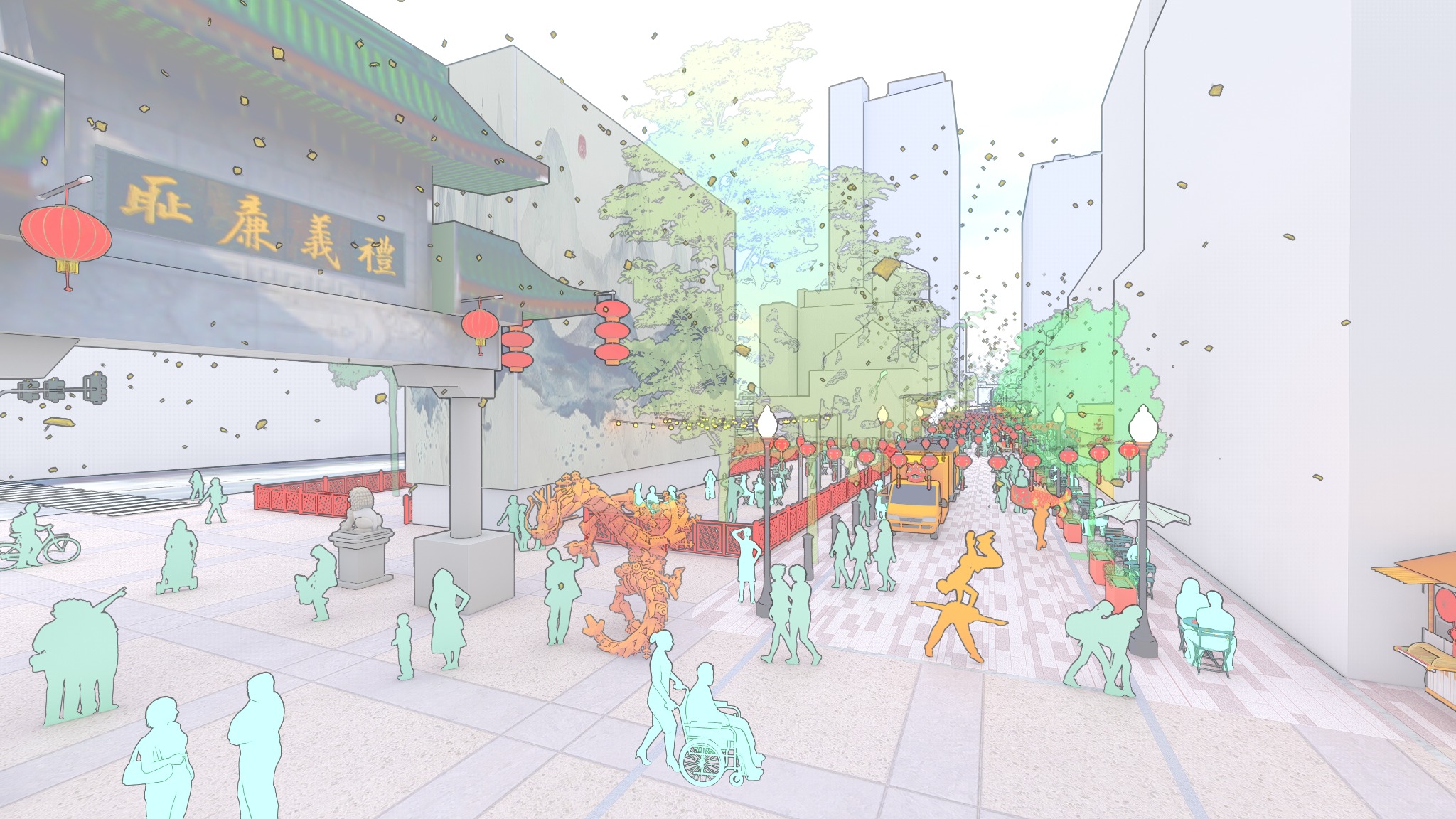 High resolution rendering of the Chinatown gate and proposed streetscape