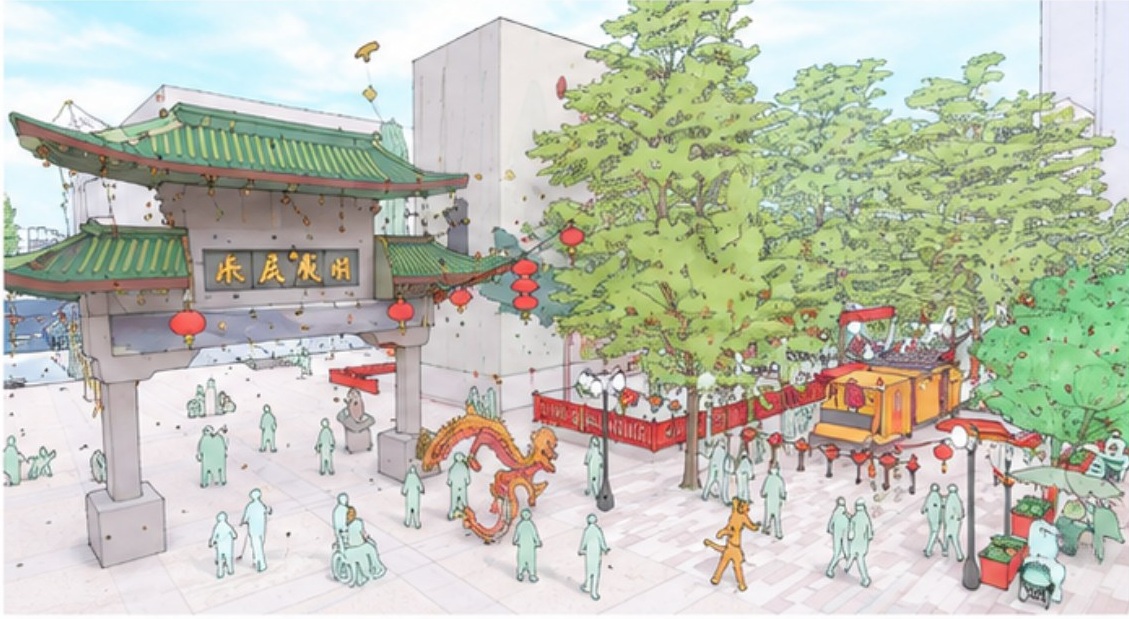 Boston Chinatown gate and proposed public space rendering